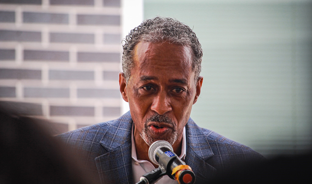 Councilman Robert Stokes of District 12 addresses community members during a ribbon-cutting ceremony in East Baltimore.
