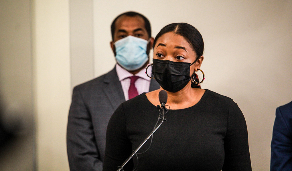 Councilwoman Danielle McCray of District 2 addresses questions during a news conference. 
